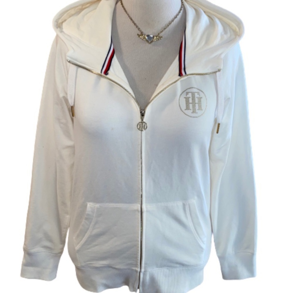 Tommy Hilfiger Ivory Full Zip Studded Logo Hoodie